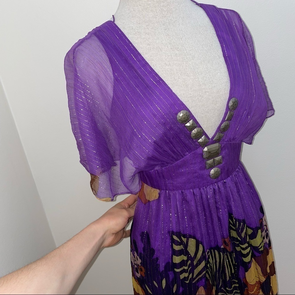 TIBI Silk Dress Sz 10 $495 Purple Floral Beads 100% Silk Metallic Empire Waist - Picture 5 of 14